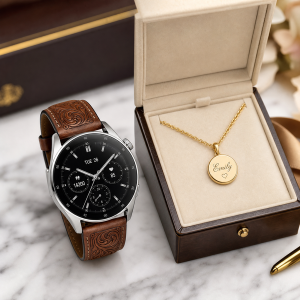 Custom engraved luxury smartwatch and personalized pendant necklace gift set