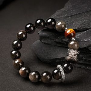 silver obsidian lion bracelet