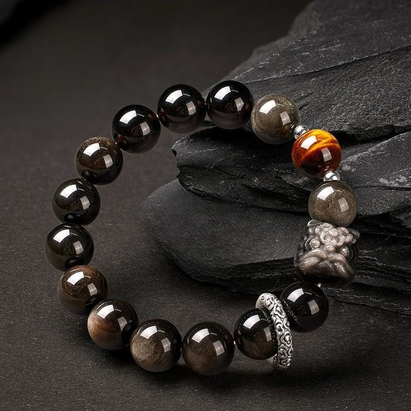 silver obsidian lion bracelet