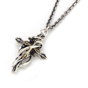 Gothic Thorn Cross Pendant in S925 Sterling Silver with Purple Crystal