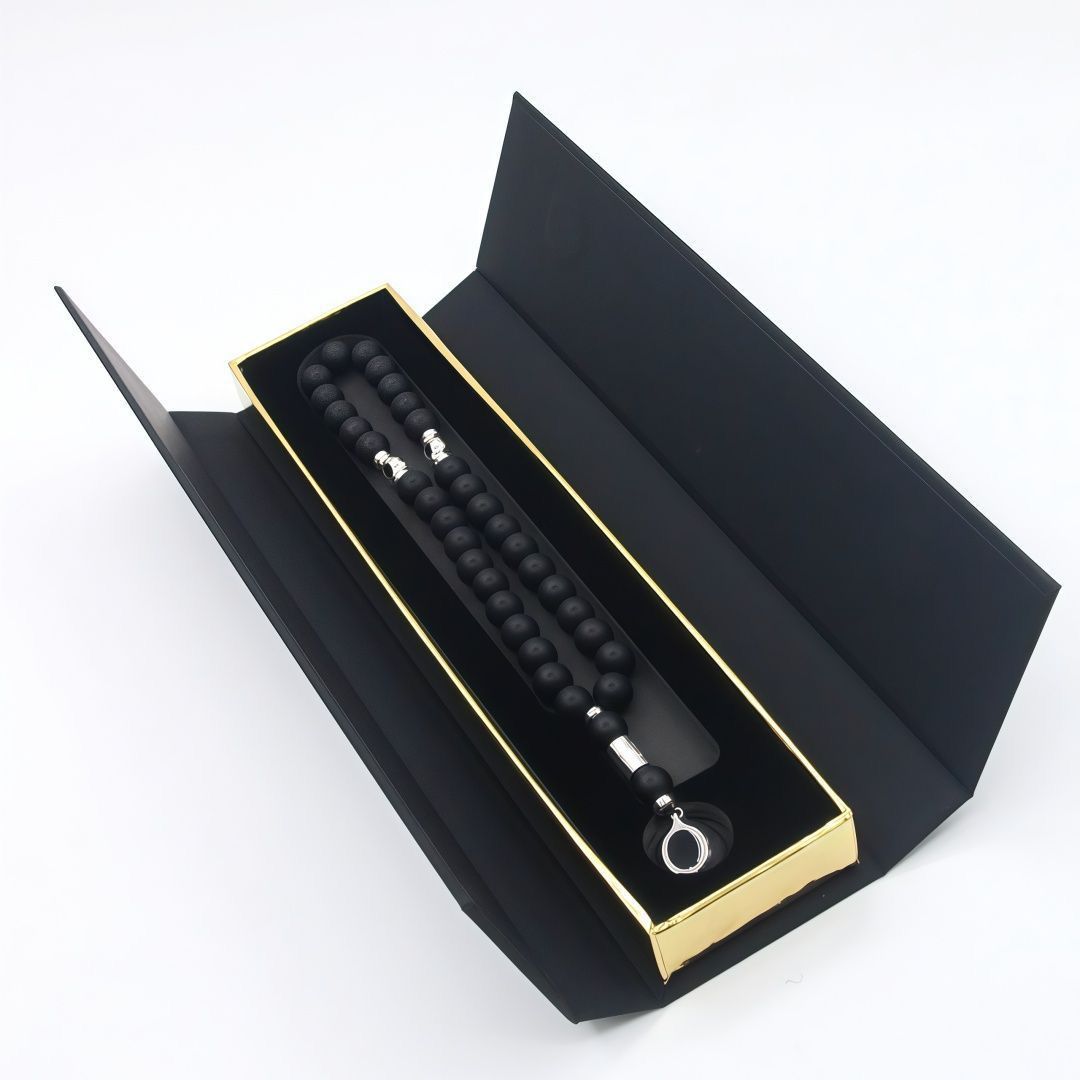 Handcrafted Black Onyx Prayer Beads Necklace displayed inside open presentation box