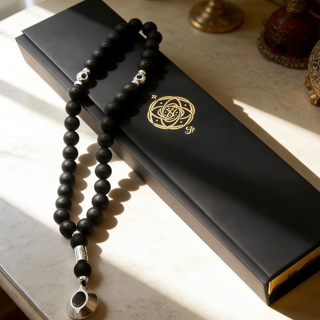 Handcrafted Black Onyx Prayer Beads Necklace displayed inside open presentation box