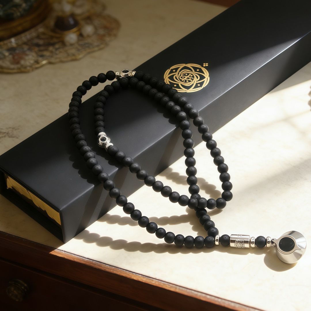 Handcrafted Black Onyx Prayer Beads Necklace displayed inside open presentation box