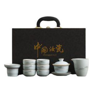 Portable Kung Fu Tea Set with porcelain teacups gaiwan and leather travel case