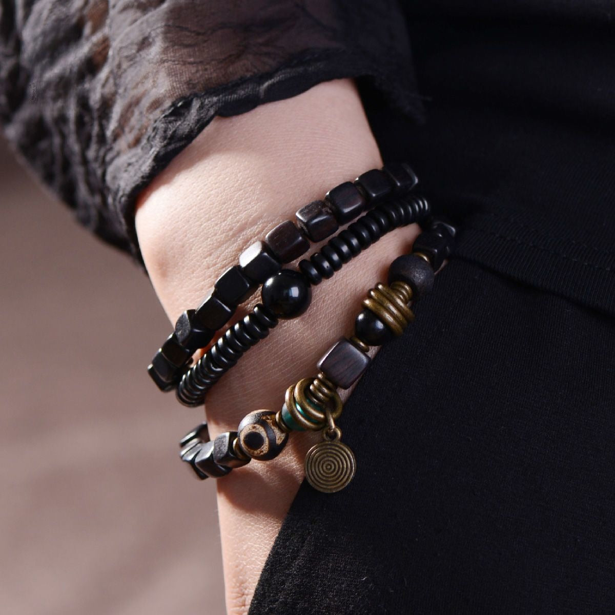 Original Design Handcrafted Black Walnut Bracelet - Good Luck Wooden Beads - Image 3