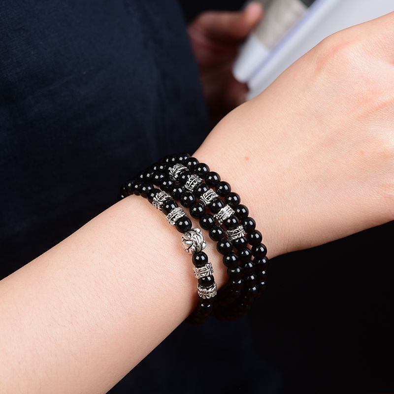 Natural Obsidian Silver Bracelet - Pi Xiu Wealth Protection Beads - Image 3