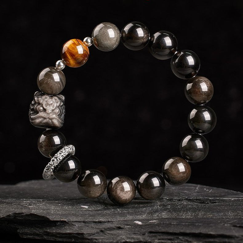 Silver Obsidian Lion Bracelet - Fortune Prosperity Beads - Image 7
