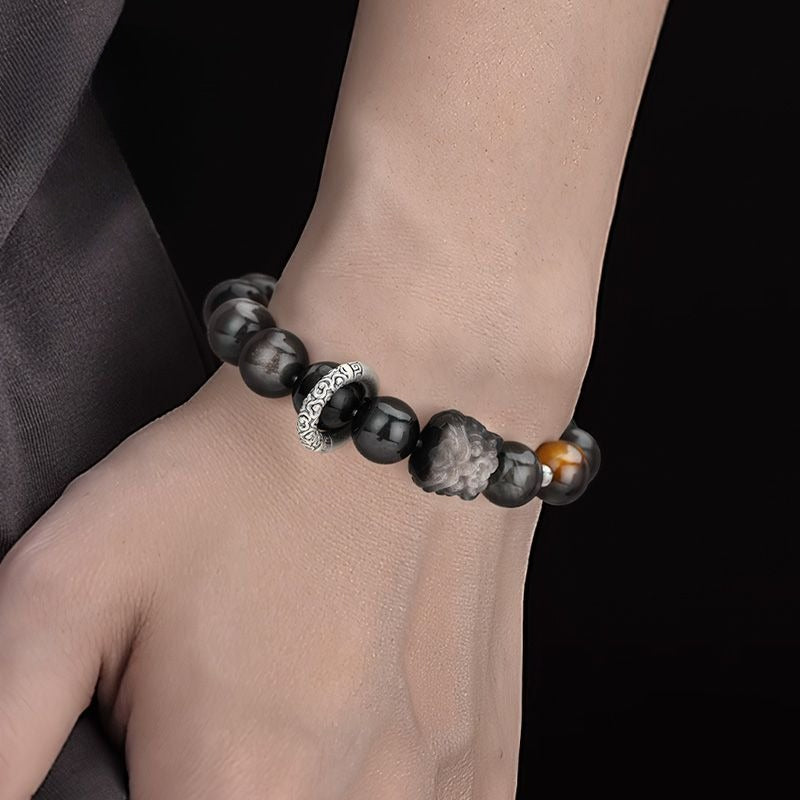 Silver Obsidian Lion Bracelet - Fortune Prosperity Beads - Image 3
