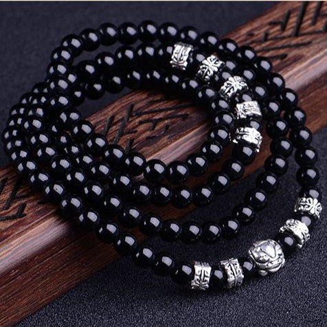 Natural Obsidian Silver Bracelet Pi Xiu Wealth Protection Beads