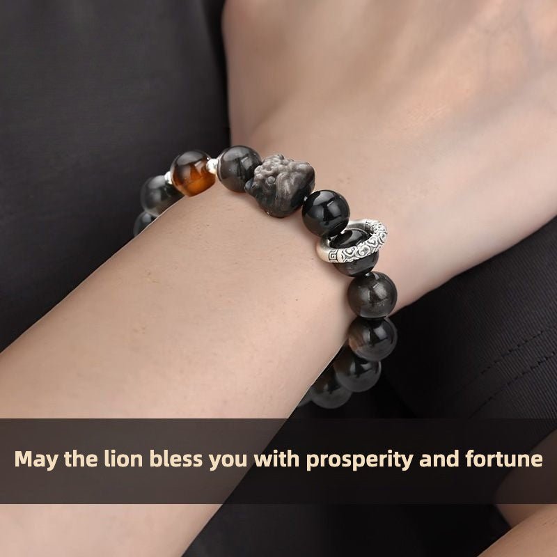 Silver Obsidian Lion Bracelet - Fortune Prosperity Beads - Image 5