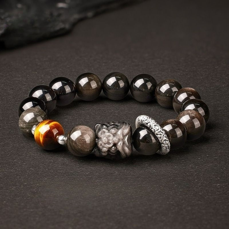 Silver Obsidian Lion Bracelet - Fortune Prosperity Beads - Image 2
