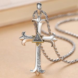 925 sterling silver cross pendant with gold Eye of Providence triangle center and rope chain