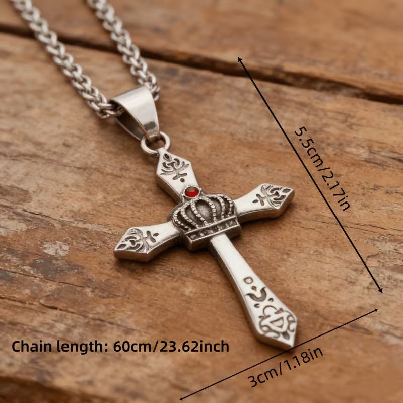 Dimensions diagram of crown cross pendant measuring 5.5cm by 3cm with 60cm chain