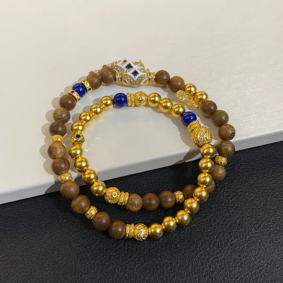 Natural agarwood bracelet stack with ancient sand gold beads and blue lapis lazuli gemstones