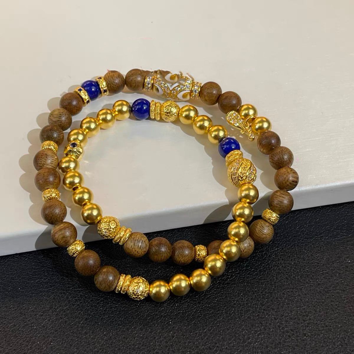 Natural agarwood bracelet stack with ancient sand gold beads and blue lapis lazuli gemstones