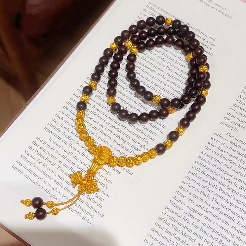 6mm 108 natural agarwood mala necklace with ancient sand gold vajra pendant and specifications