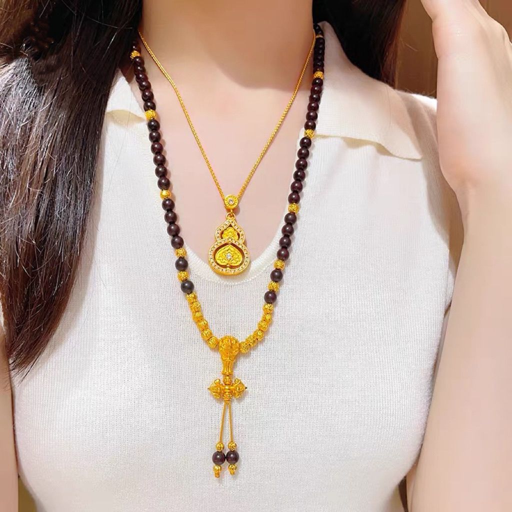 Natural Agarwood Mala Necklace with ancient sand gold beads