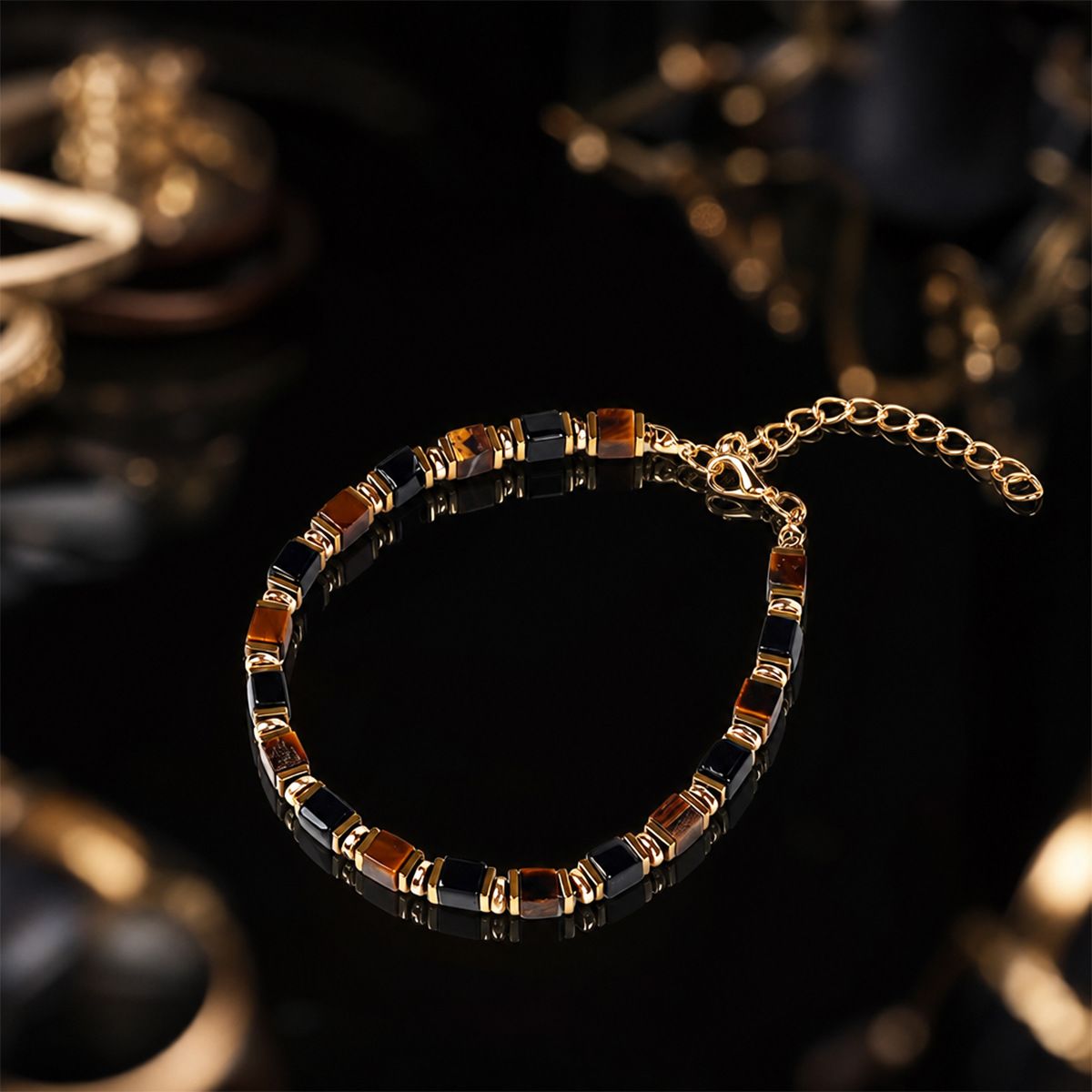 Close up of precision cut cubic Tiger Eye Black Onyx Bracelet