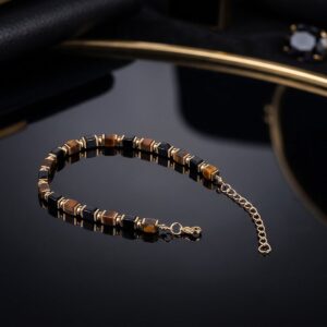 Close up of precision cut cubic Tiger Eye Black Onyx Bracelet