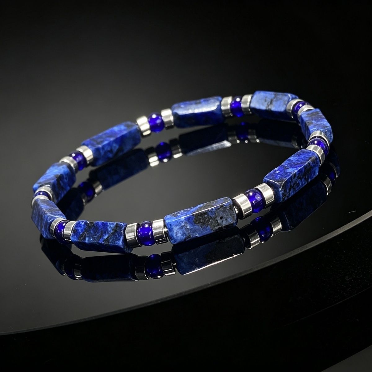 Lapis Lazuli Bracelet flat lay on reflective black surface
