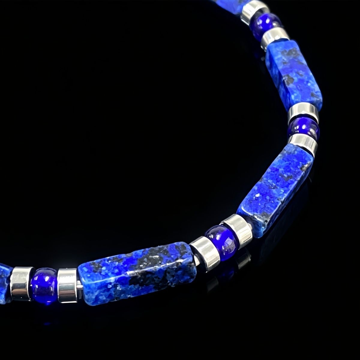 Macro view of geometric Lapis Lazuli Bracelet with silver accents