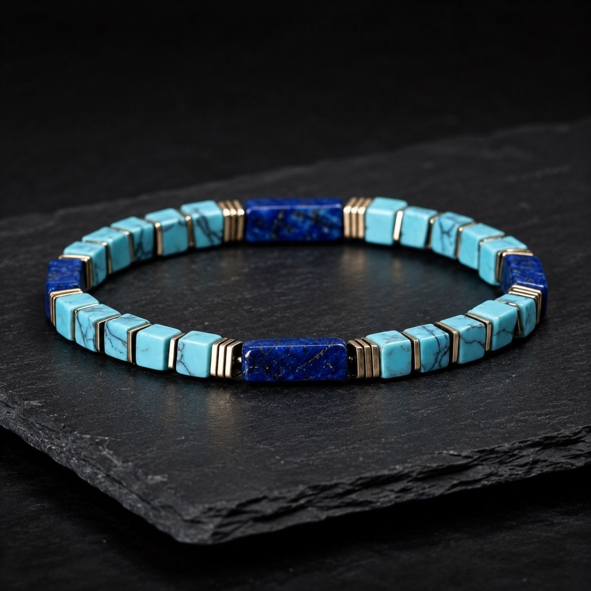 Lapis Lazuli Bracelet resting on dark stone slate