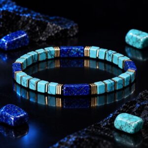 Natural Lapis Lazuli Bracelet with turquoise cubes and gold spacers on dark surface
