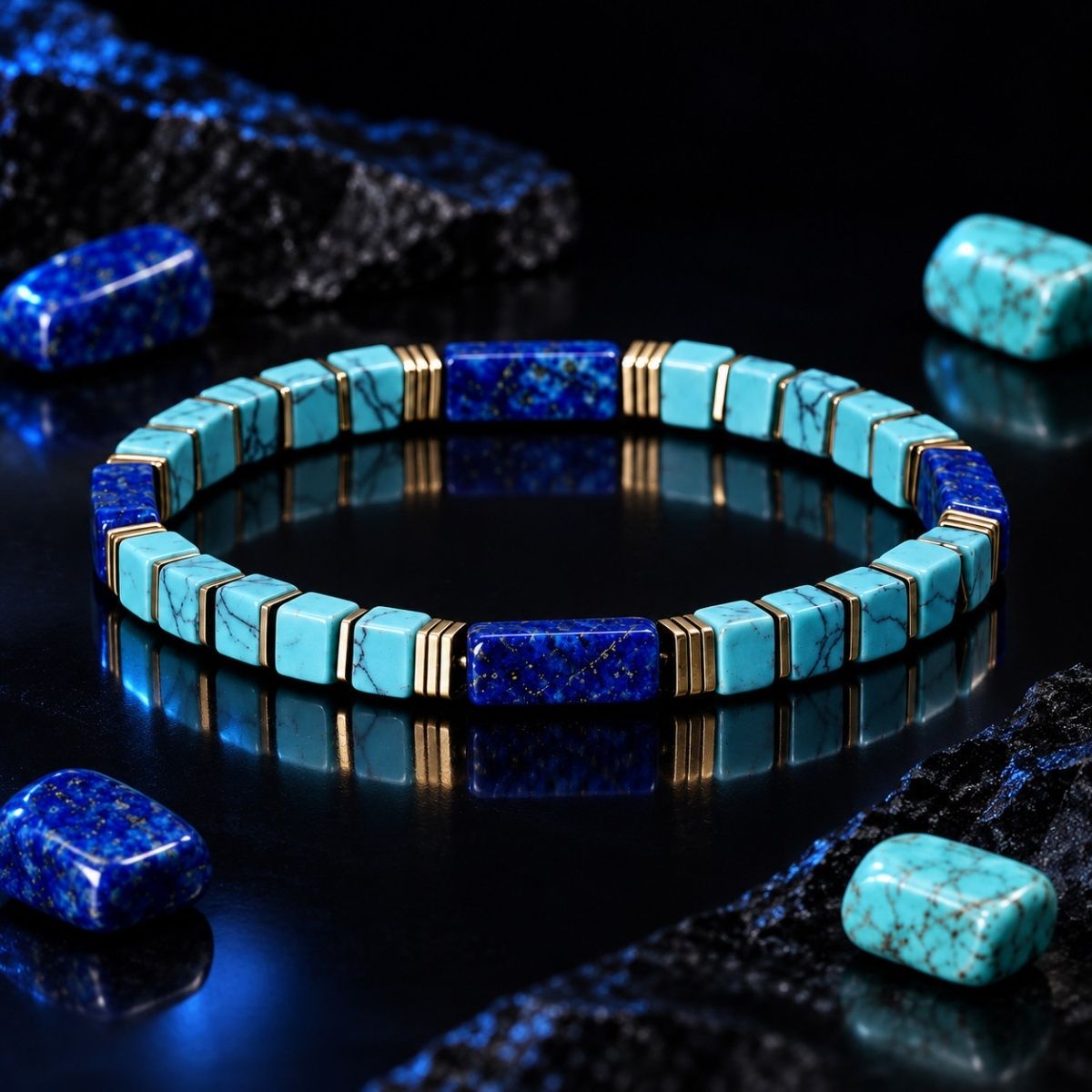 Natural Lapis Lazuli Bracelet with turquoise cubes and gold spacers on dark surface