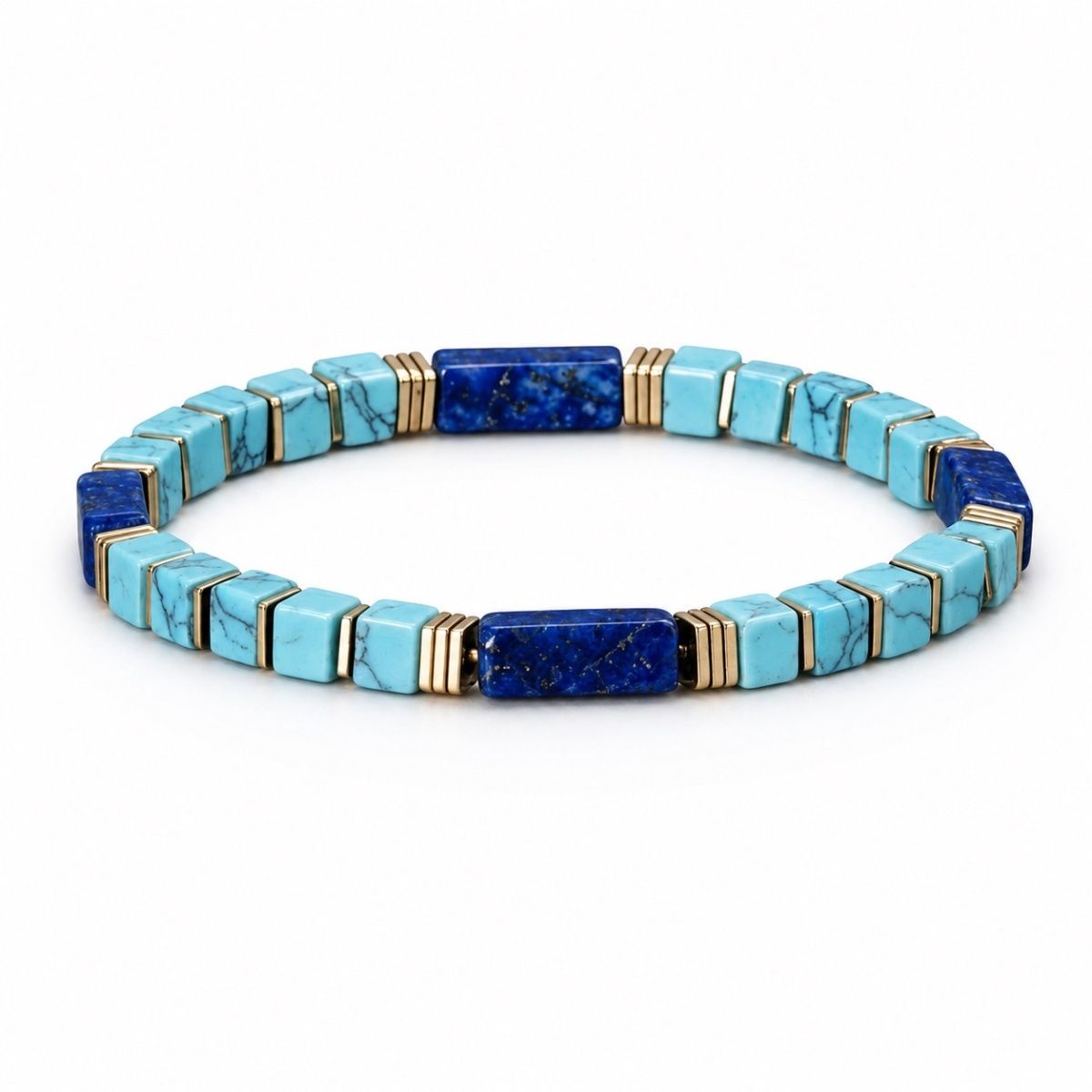 Lapis Lazuli Bracelet with blue turquoise and gold spacers on white background