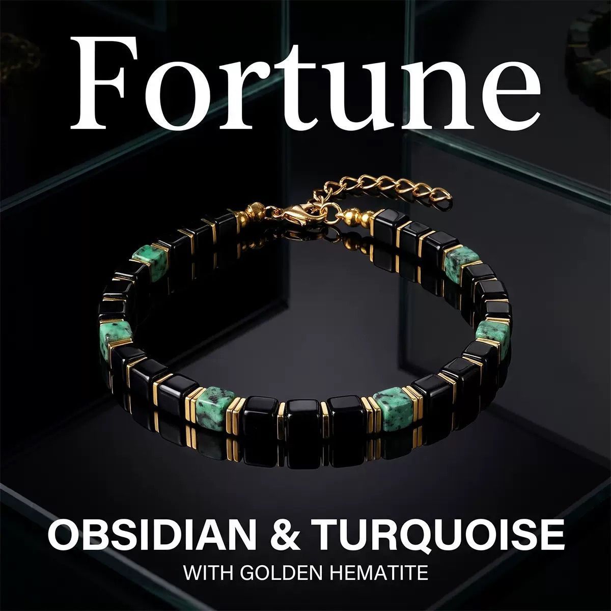 Fortune Obsidian Turquoise Bracelet with golden hematite spacers on glass surface
