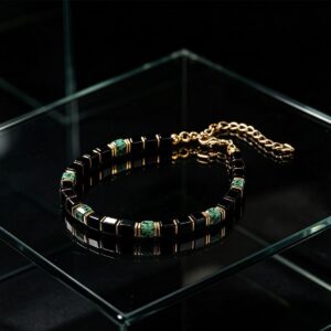 Top down view of Obsidian Turquoise Bracelet with clasp extended