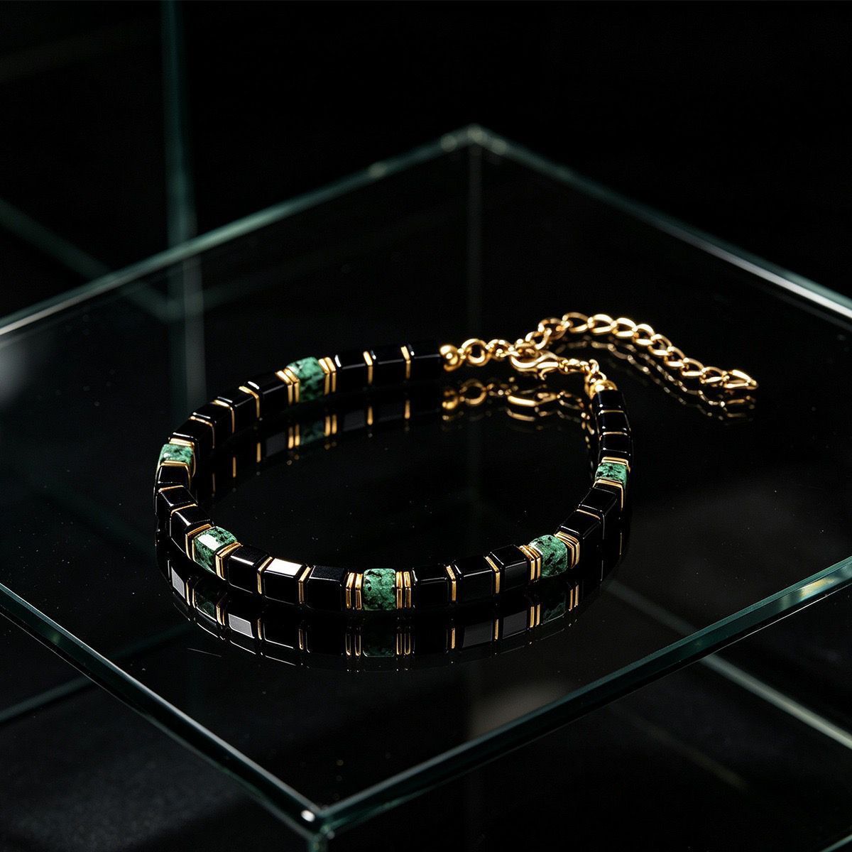Top down view of Obsidian Turquoise Bracelet with clasp extended