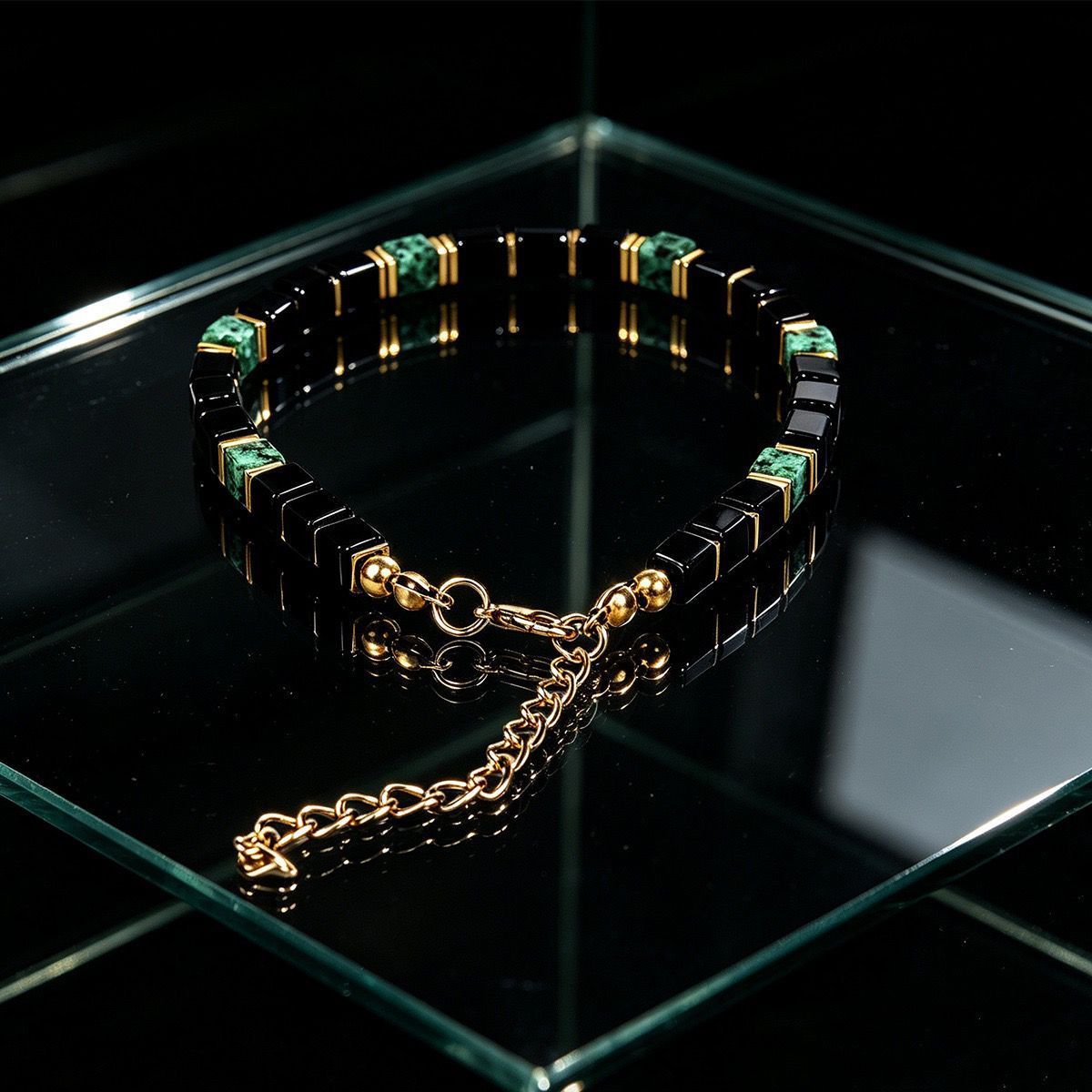 Top down view of Obsidian Turquoise Bracelet with clasp extended