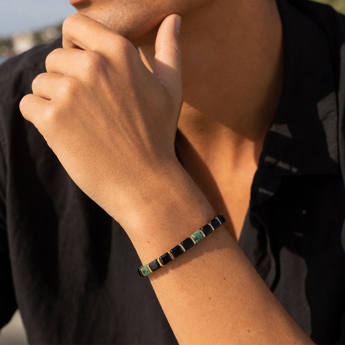 The Sentinel — Natural Obsidian & Turquoise Geometric Energy Bracelet - Image 9